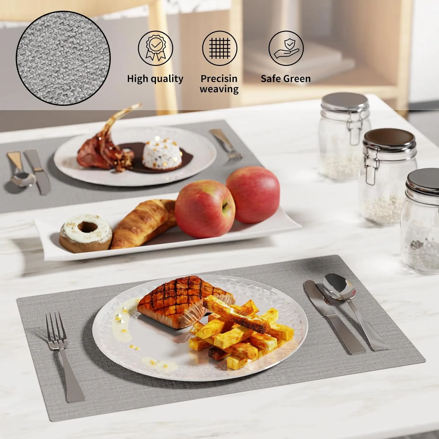 Cloth Placemats, Set of 4 Heat-Resistant Cotton Linen Blend Double Layered Machine Washable Place Mats, Wrinkle Free Thick Fabric Dining Table Mats for Indoors & Outdoors (Light Grey, 4)