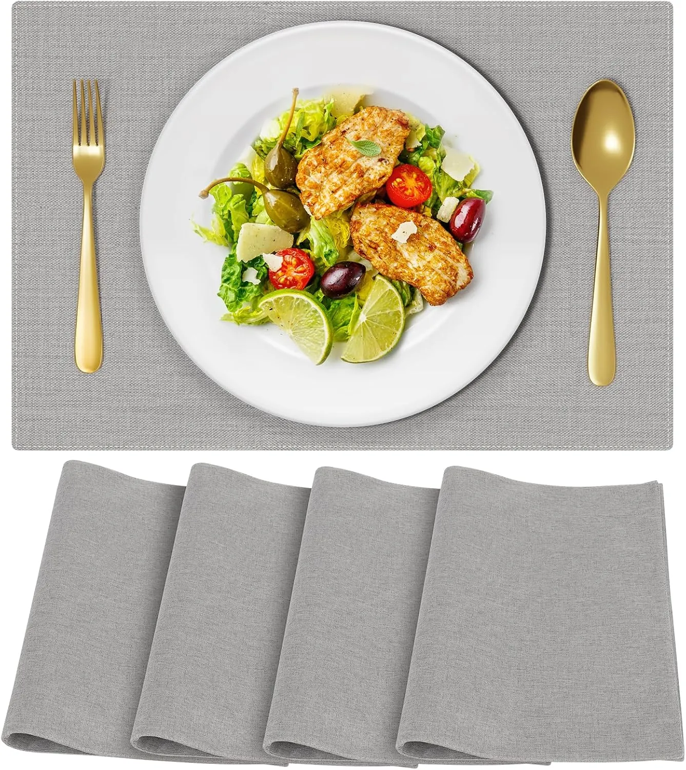 Cloth Placemats, Set of 4 Heat-Resistant Cotton Linen Blend Double Layered Machine Washable Place Mats, Wrinkle Free Thick Fabric Dining Table Mats for Indoors & Outdoors (Light Grey, 4)