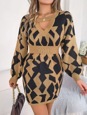 Color-Blocked Balloon Sleeve Sweater Dress
