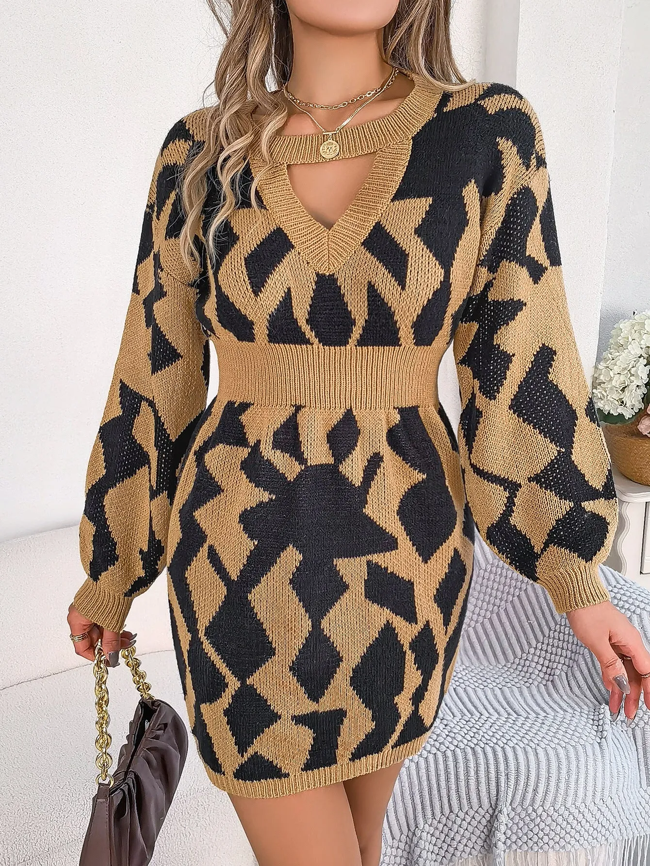 Color-Blocked Balloon Sleeve Sweater Dress