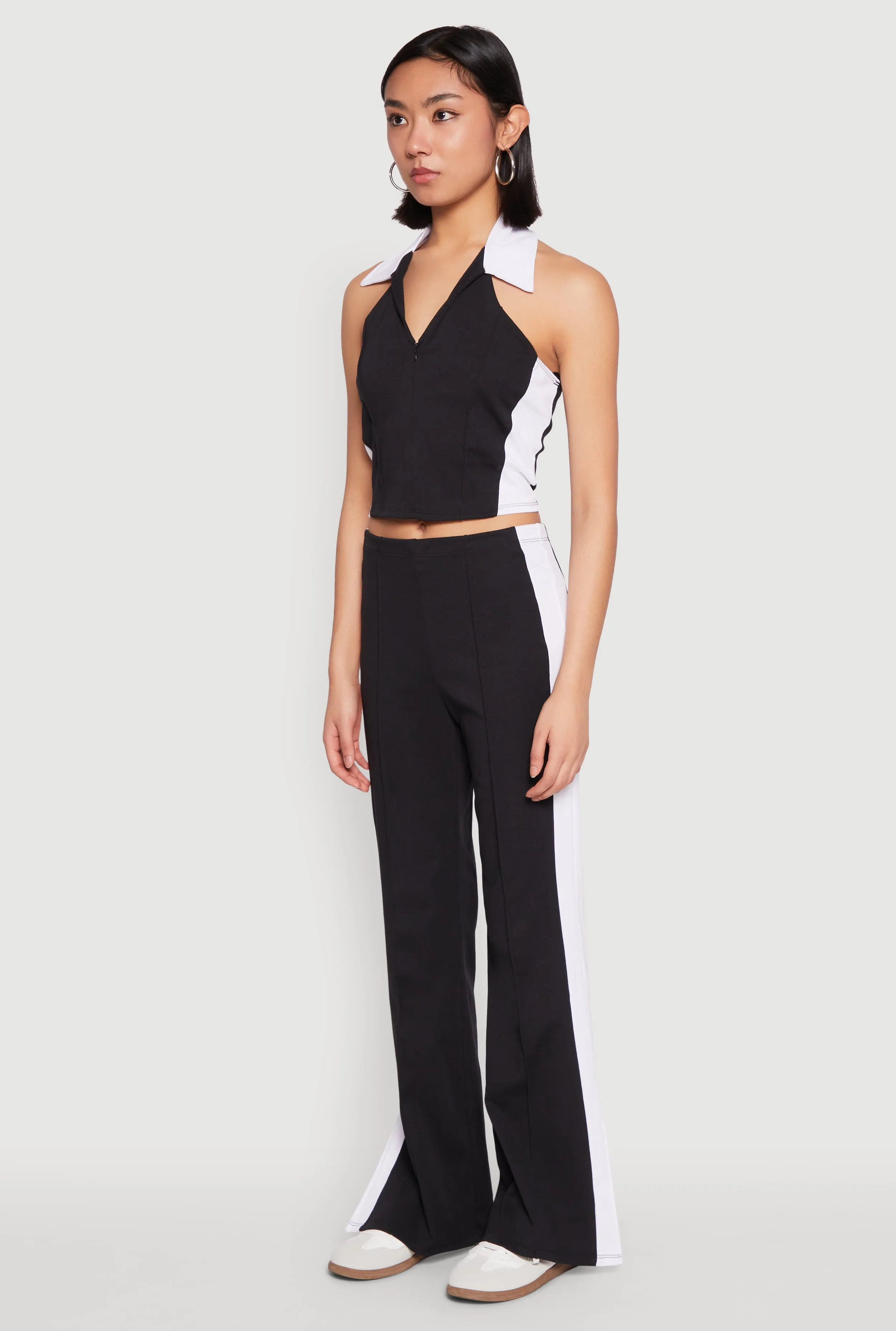 Color Blocked Collared Halter Crop Top
