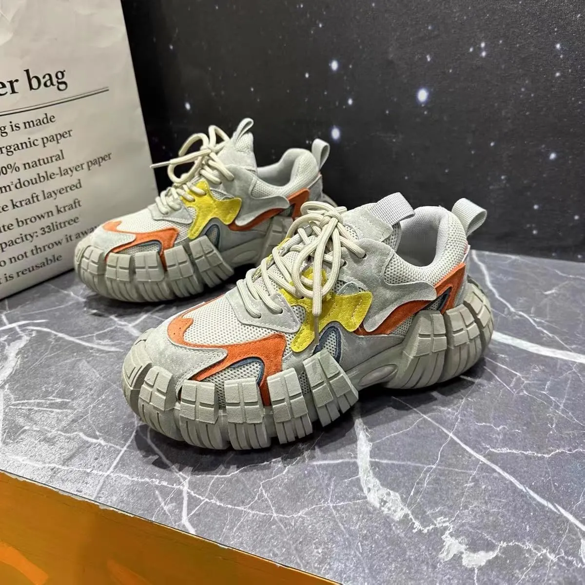 Color-Blocked Comfy Trendy Platform Shoes for Outdoor Walking Jogging Camping, All Seasons Men's Lace Up Sneakers
