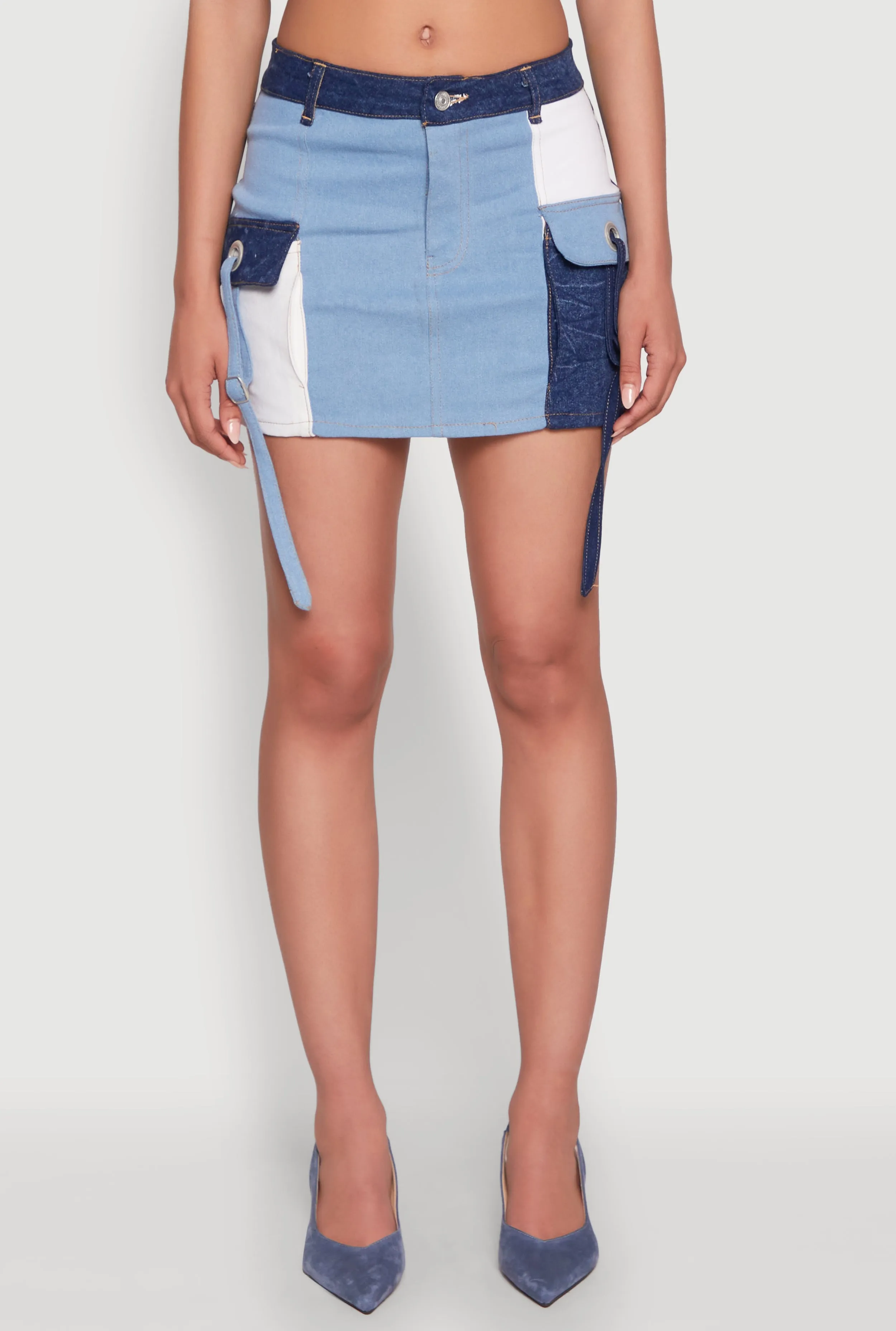 Color Blocked Denim Cargo Skirt