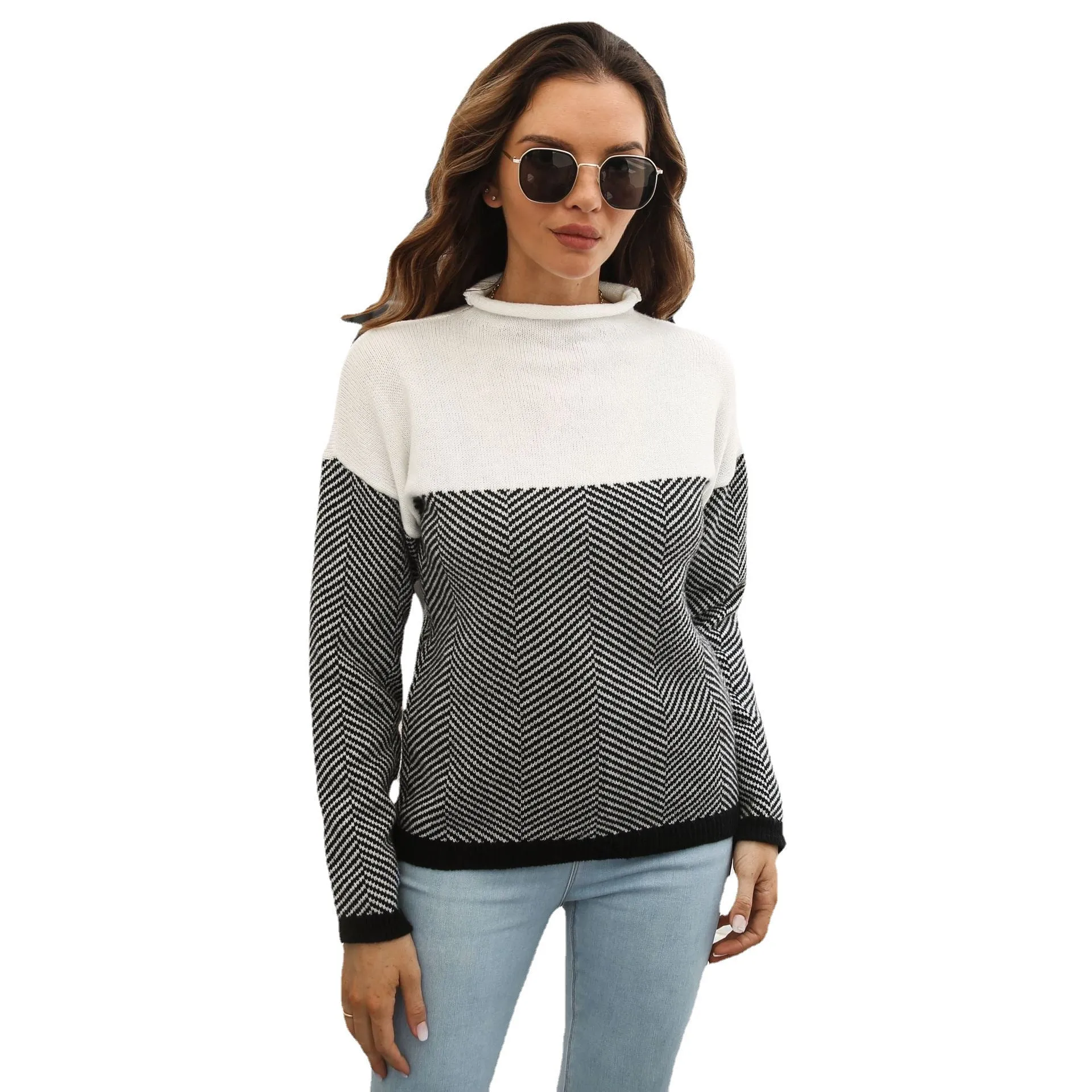 Color Blocked Gray and White Sweater
