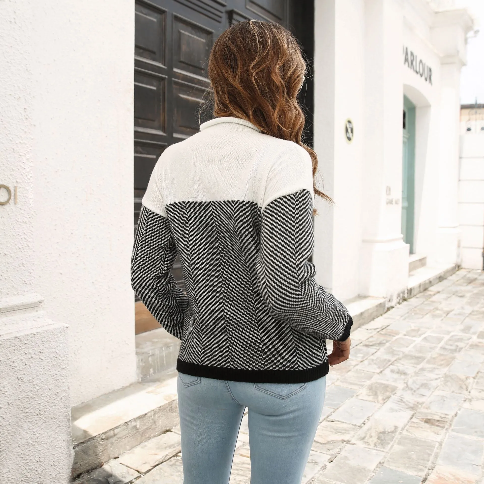 Color Blocked Gray and White Sweater