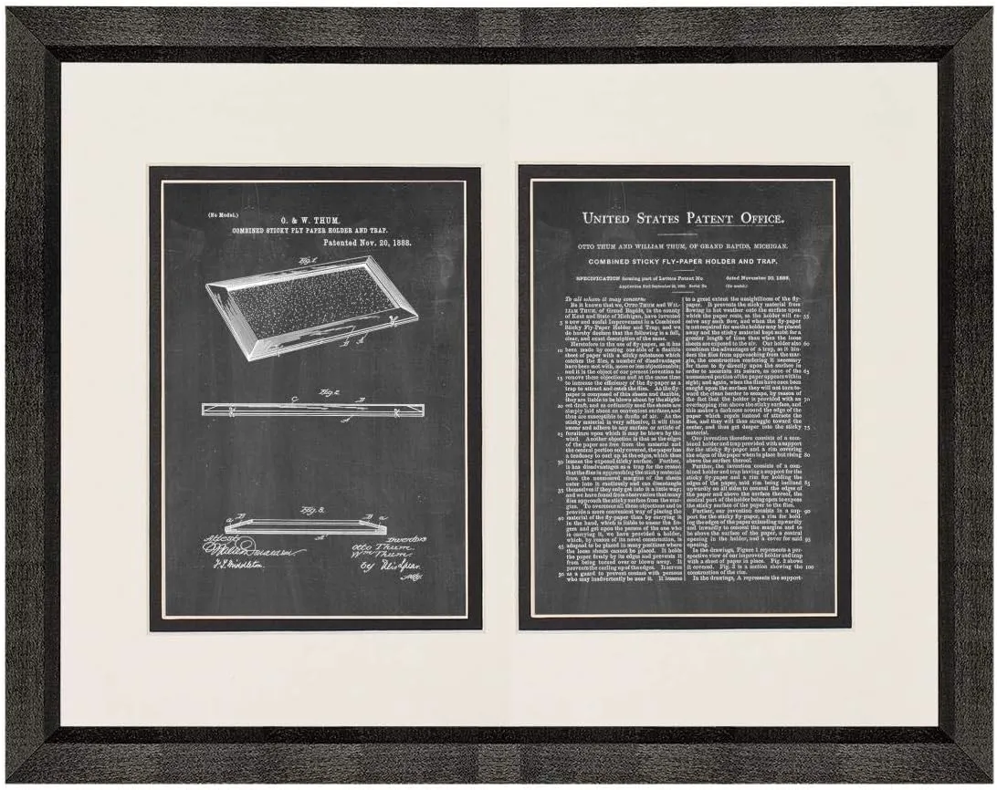 Combined Sticky Fly Paper Holder And Trap Patent Art Chalkboard Print in a Beveled Black Wood Frame with a Double Mat (18" x 24") M13667