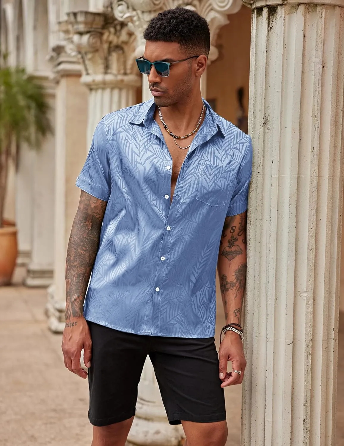 COOFANDY Mens Silk Button Down Short Sleeve Shirt Satin Dress Shirts Summer Beach Wedding Shirt