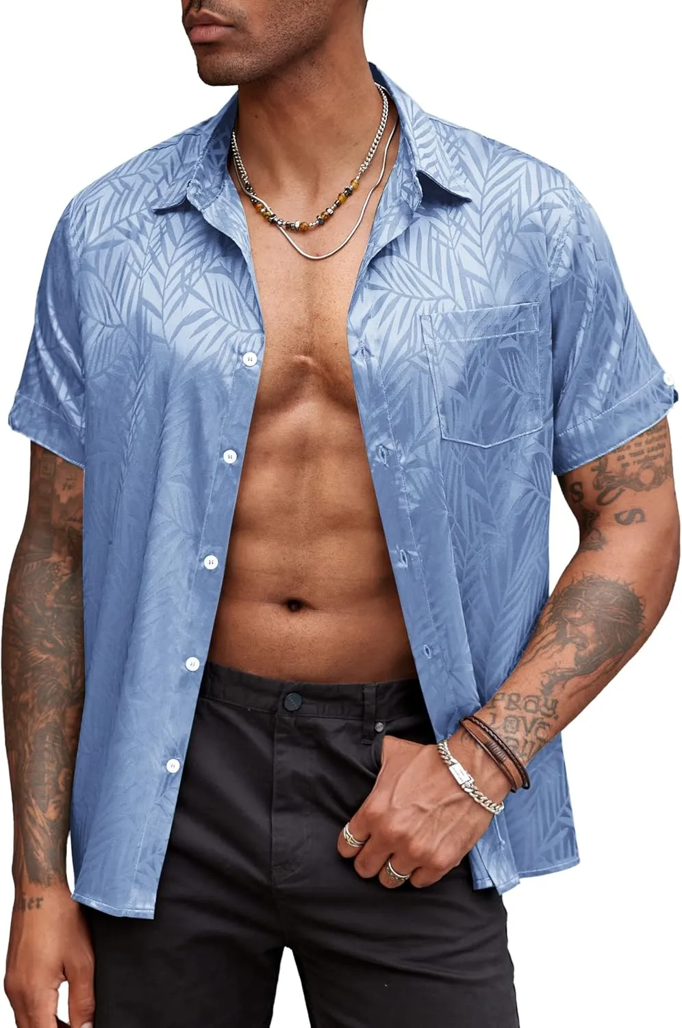 COOFANDY Mens Silk Button Down Short Sleeve Shirt Satin Dress Shirts Summer Beach Wedding Shirt