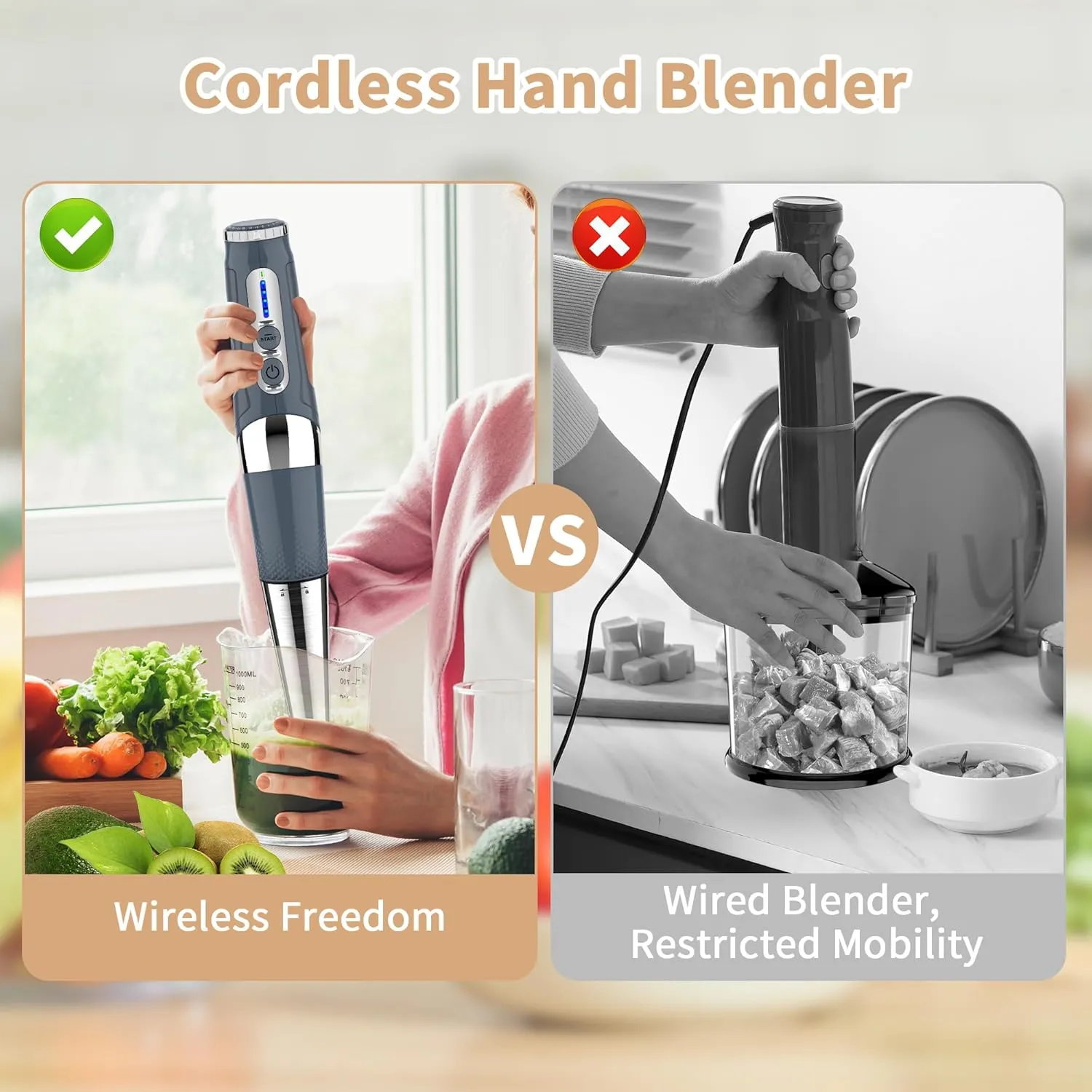 Cordless Immersion Blender, 4-in-1 Rechargeable Electric Hand Blender, 21-Speeds & 3-Angle Adjustable with 700ml Chopper, 700ml Beaker, Egg Whisk and Beater for Smoothies, Soup, Baby Food (Grey)
