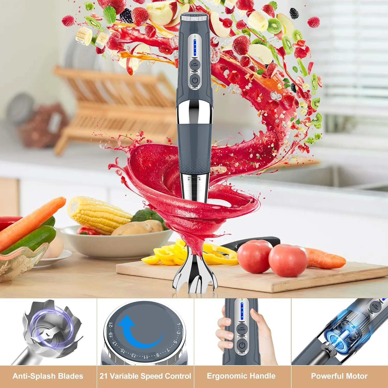 Cordless Immersion Blender, 4-in-1 Rechargeable Electric Hand Blender, 21-Speeds & 3-Angle Adjustable with 700ml Chopper, 700ml Beaker, Egg Whisk and Beater for Smoothies, Soup, Baby Food (Grey)