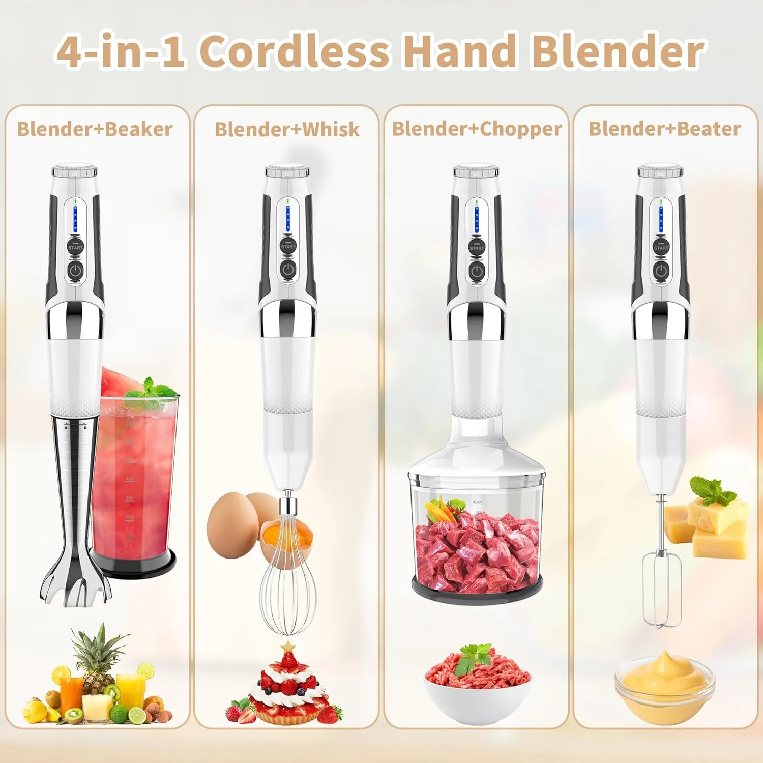 Cordless Immersion Blender: 4-in-1 Rechargeable Electric Hand Blender, 21-Speeds & 3-Angle Adjustable with 700ml Chopper, 700ml Beaker, Egg Whisk and Beater for Smoothies, Soup, Baby Food (White)