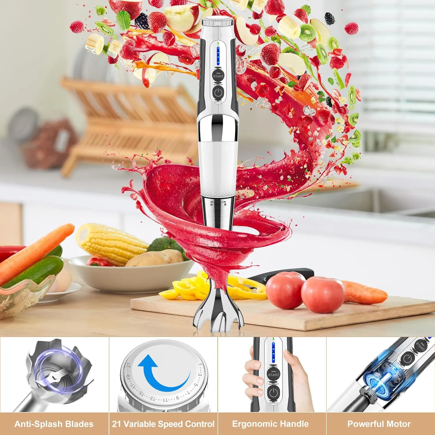 Cordless Immersion Blender: 4-in-1 Rechargeable Electric Hand Blender, 21-Speeds & 3-Angle Adjustable with 700ml Chopper, 700ml Beaker, Egg Whisk and Beater for Smoothies, Soup, Baby Food (White)