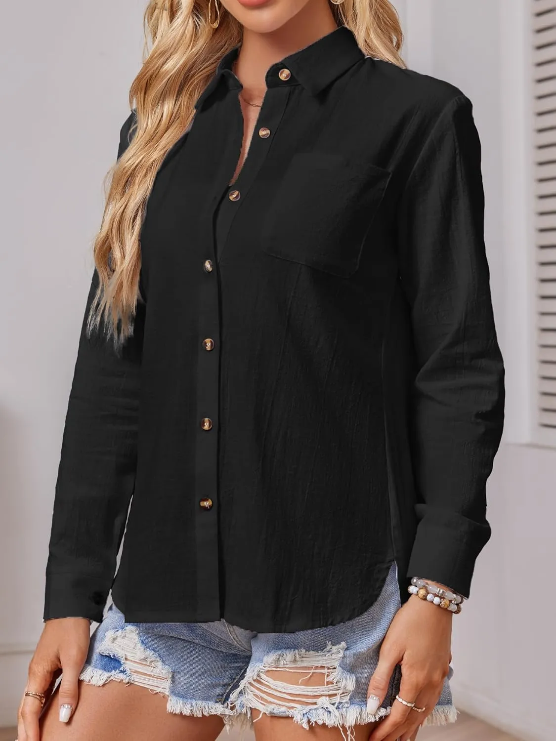 Cotton Button Down Shirts Women V Neck Long/Roll Up Sleeve Gauze Texture Casual Tops with Pocket