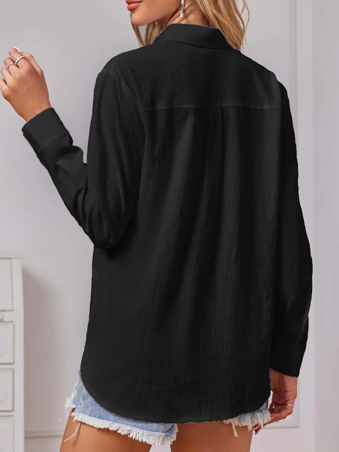 Cotton Button Down Shirts Women V Neck Long/Roll Up Sleeve Gauze Texture Casual Tops with Pocket