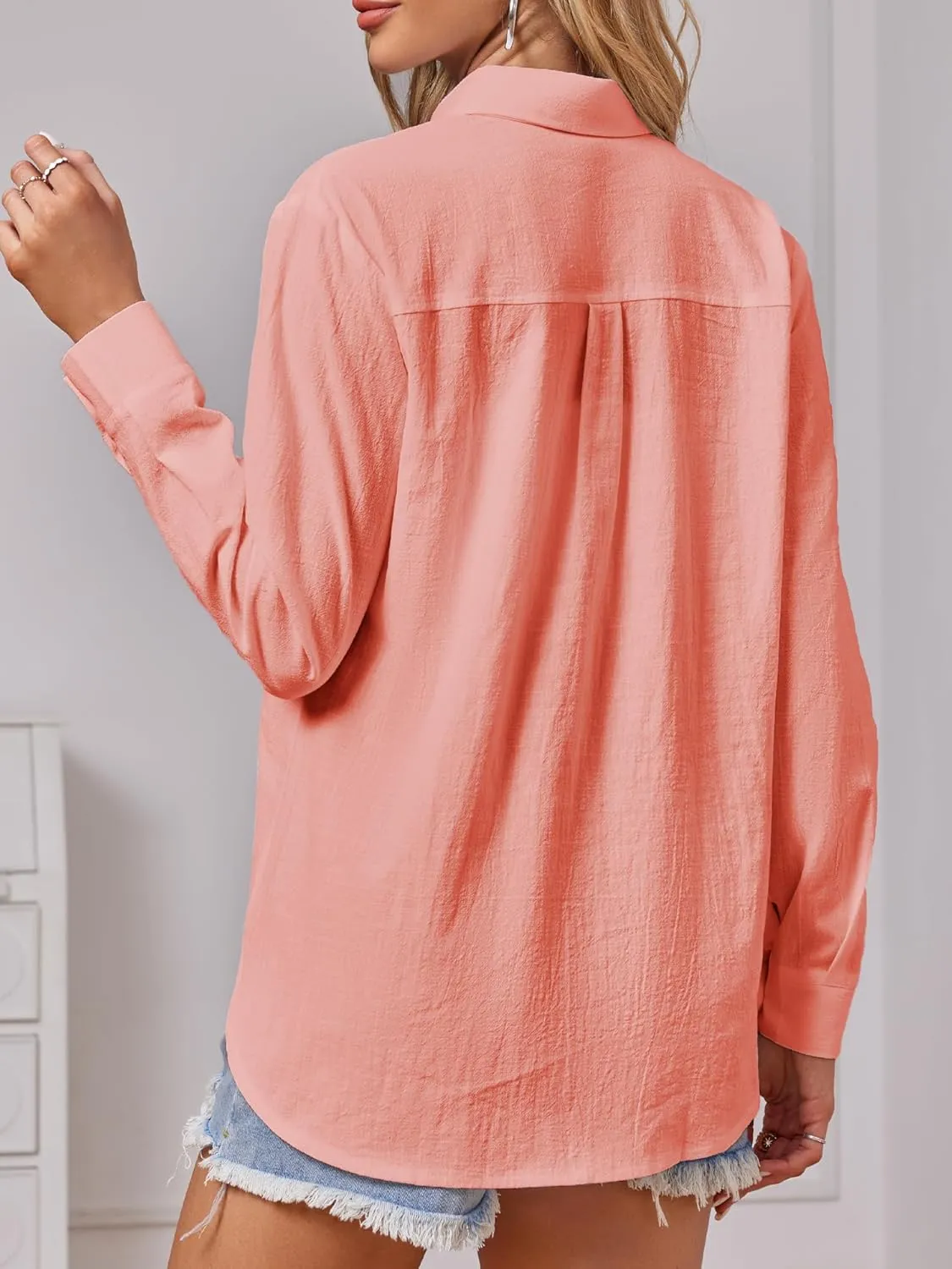 Cotton Button Down Shirts Women V Neck Long/Roll Up Sleeve Gauze Texture Casual Tops with Pocket