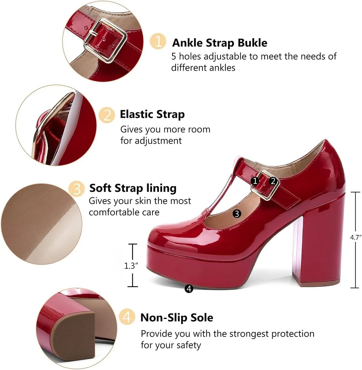 Coutgo Women's T-Strap Round Toe Platform Heels Chunky Heel Patent Mary Jane Dress Shoes