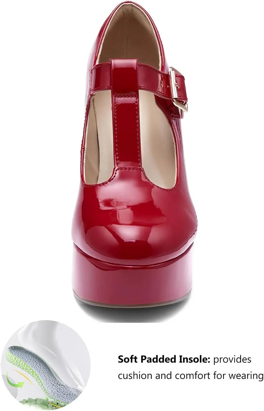 Coutgo Women's T-Strap Round Toe Platform Heels Chunky Heel Patent Mary Jane Dress Shoes