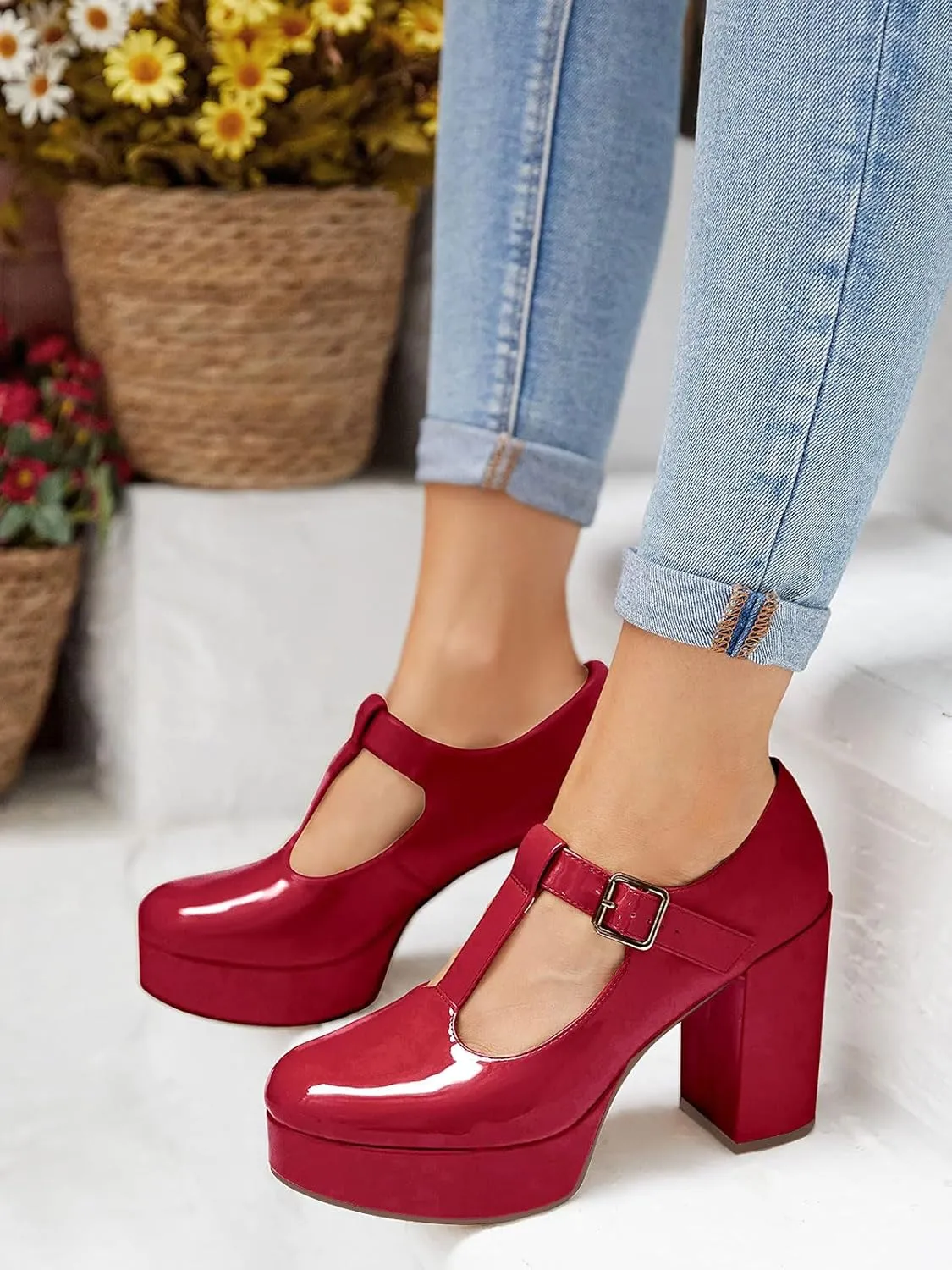 Coutgo Women's T-Strap Round Toe Platform Heels Chunky Heel Patent Mary Jane Dress Shoes