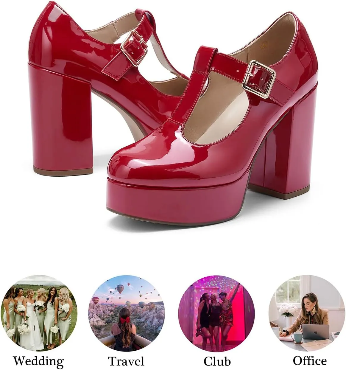 Coutgo Women's T-Strap Round Toe Platform Heels Chunky Heel Patent Mary Jane Dress Shoes