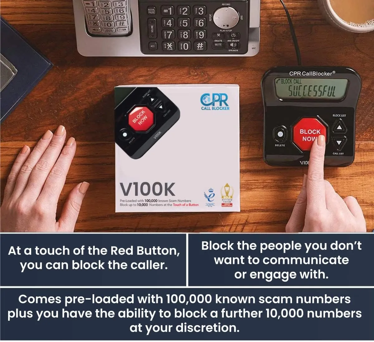 CPR V100K Call Blocker for Landline Phones with Caller ID. 100,000 preloaded Nuisance Numbers. Manually Block 10,000 Scam or Spoof Calls with a Single Button Press