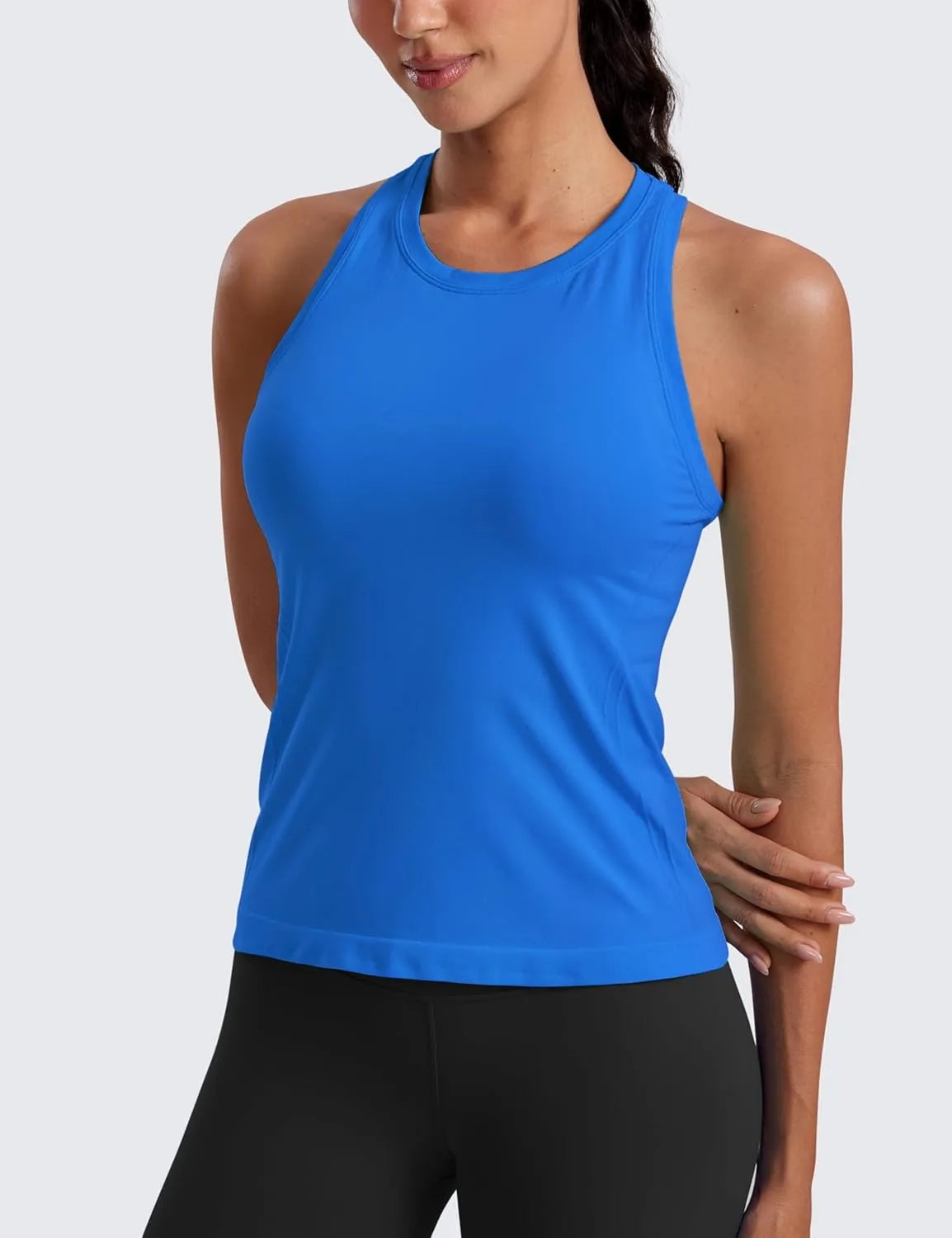 CRZ YOGA Seamless Womens Breathable Workout Tank Tops Racerback High Neck Sleeveless Running Athletic Shirts