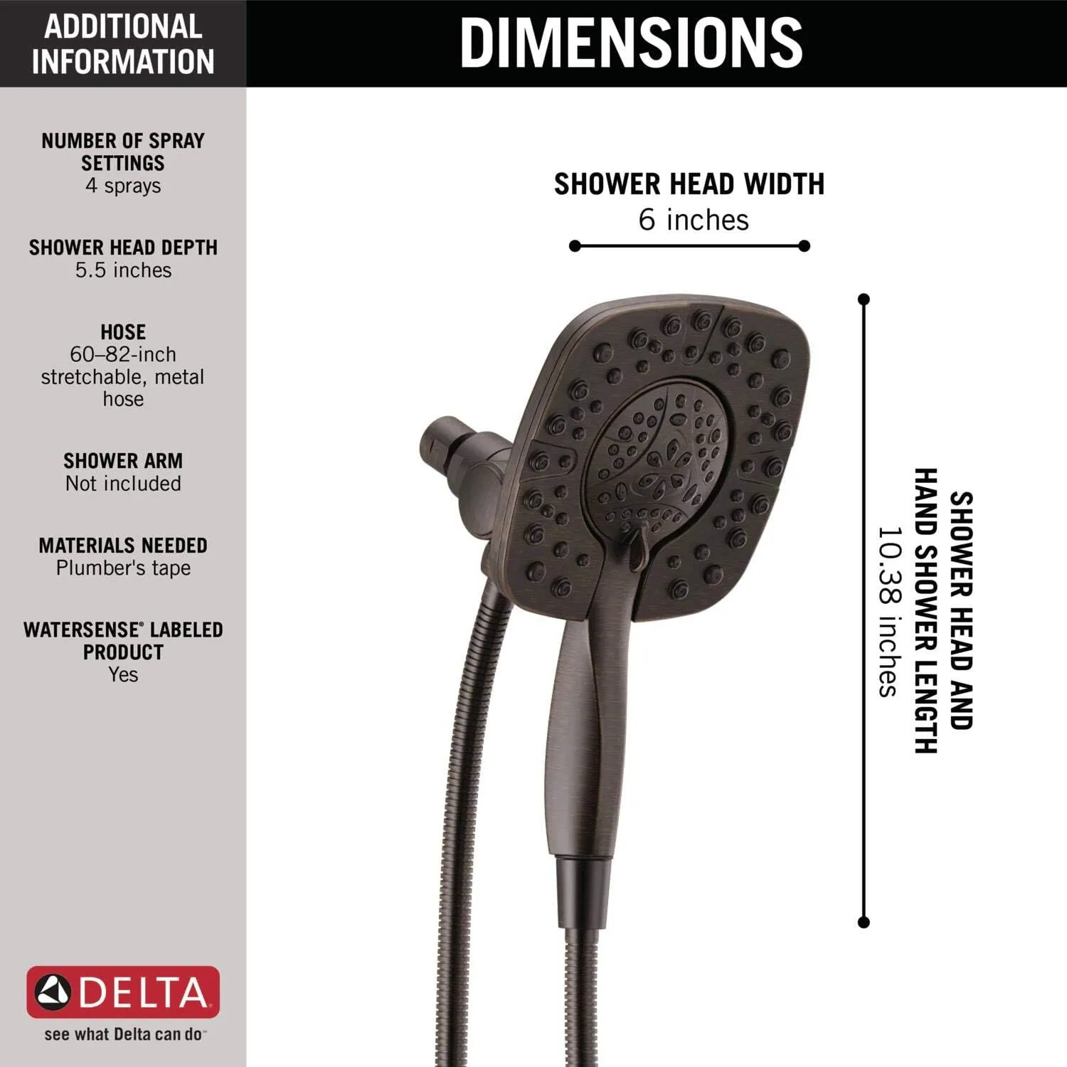 Delta Faucet 4-Spray In2ition Dual Shower Head with Handheld Spray, Oil Rubbed Bronze Shower Head with Hose, Showerheads & Handheld Showers, Handheld Shower Heads, Venetian Bronze 58498-RB
