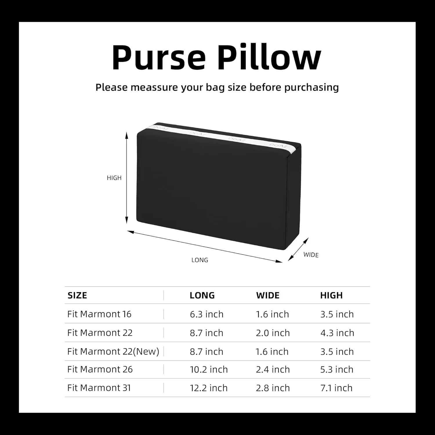 DGAZ Purse Pillow Shaper Insert for Gucci Marmont Bag, Silky Pillow Shaper for Luxury Handbags(Black,Marmont22)