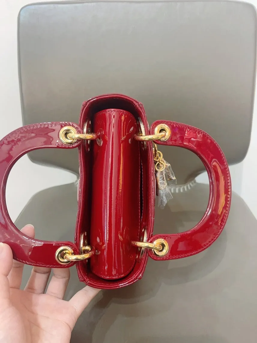 Dior Lady Dior Patent Mini Red Top Handle Bag