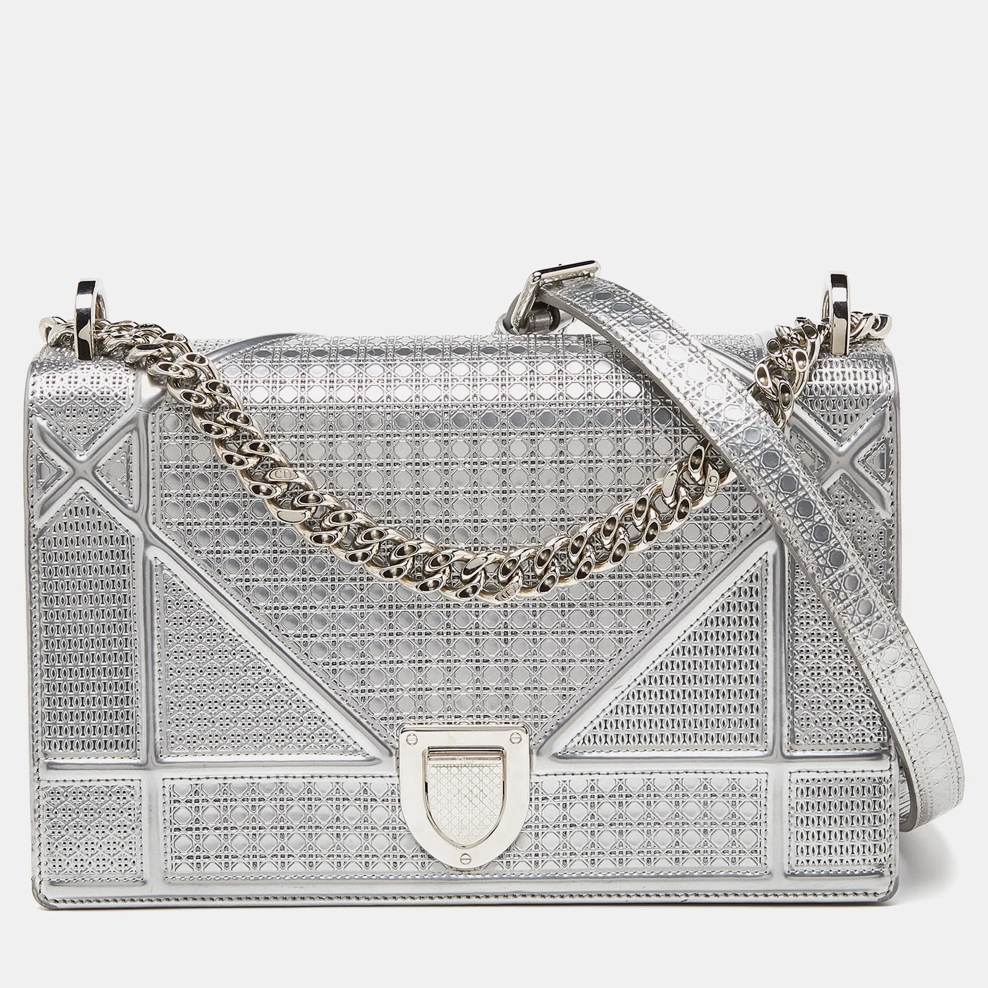 DIOR Silver Microcannage Patent Leather Medium ama Flap Shoulder Bag
