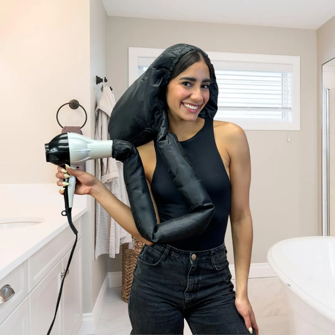 Dompel Black Hooded Hair Dryer, Satin Diffuser Cap | Enhance Hair Drying, Reduce Frizz, Protect Hair, Diffuser Cap Curly |100% Satin Universal Fit for Most Hair Dryers | Elastic Band | (M)