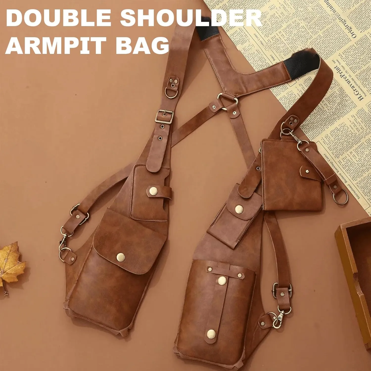 Double Shoulder Armpit Bag, Anti Theft Multi Pocket Bag For Men, Harness Bag, Anti-Theft Bag With Shoulder Harness For Men, Wallet Holster, Anti Underarm Shoulder Bag (Light Brown)