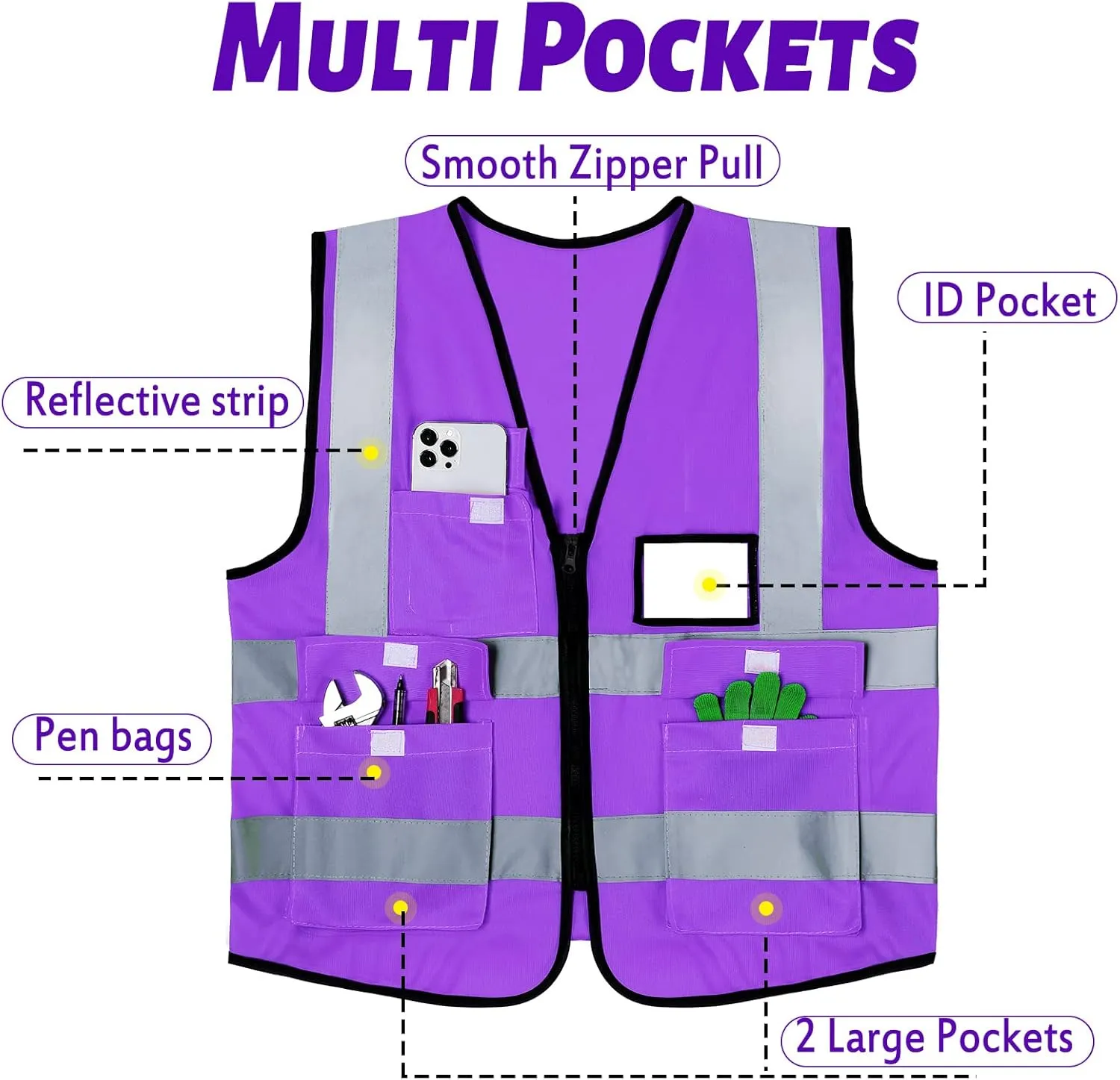 EBOOT 10 Pcs Safety Vests High Visibility Safety Vest with Reflective Strips for Construction Outdoor Running Cycling Walking at Night(Purple)