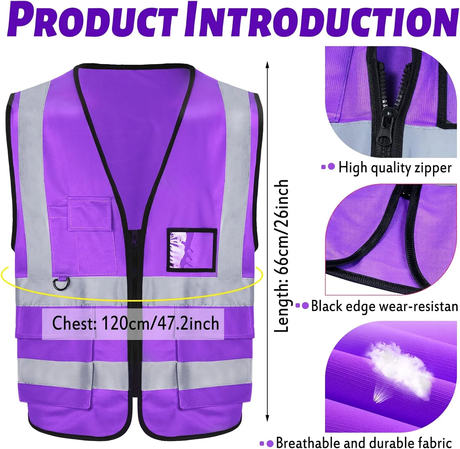 EBOOT 10 Pcs Safety Vests High Visibility Safety Vest with Reflective Strips for Construction Outdoor Running Cycling Walking at Night(Purple)