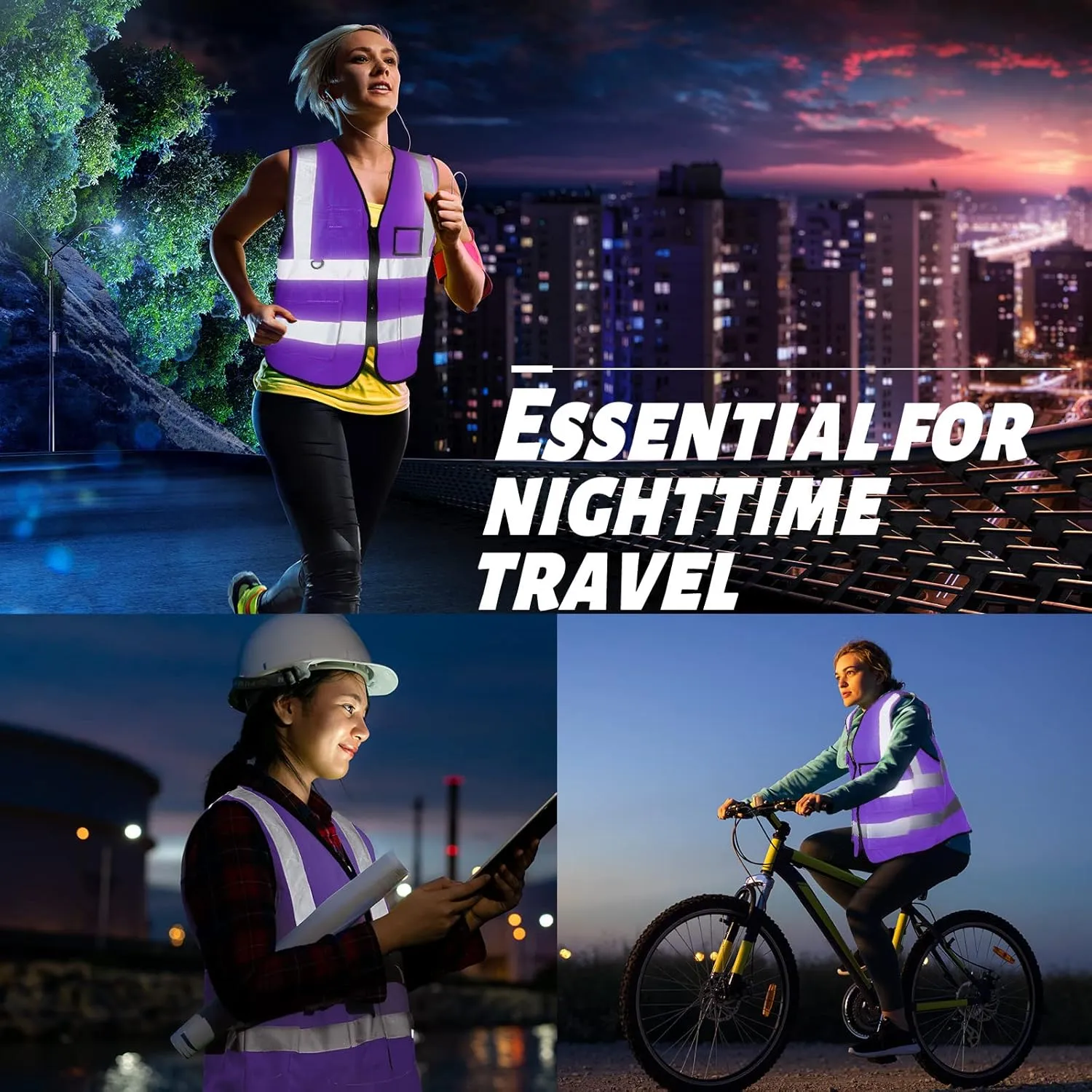 EBOOT 10 Pcs Safety Vests High Visibility Safety Vest with Reflective Strips for Construction Outdoor Running Cycling Walking at Night(Purple)