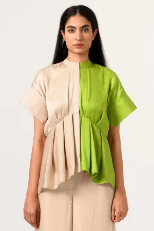 Ecru-Green Half & Half Color Blocked Blouse