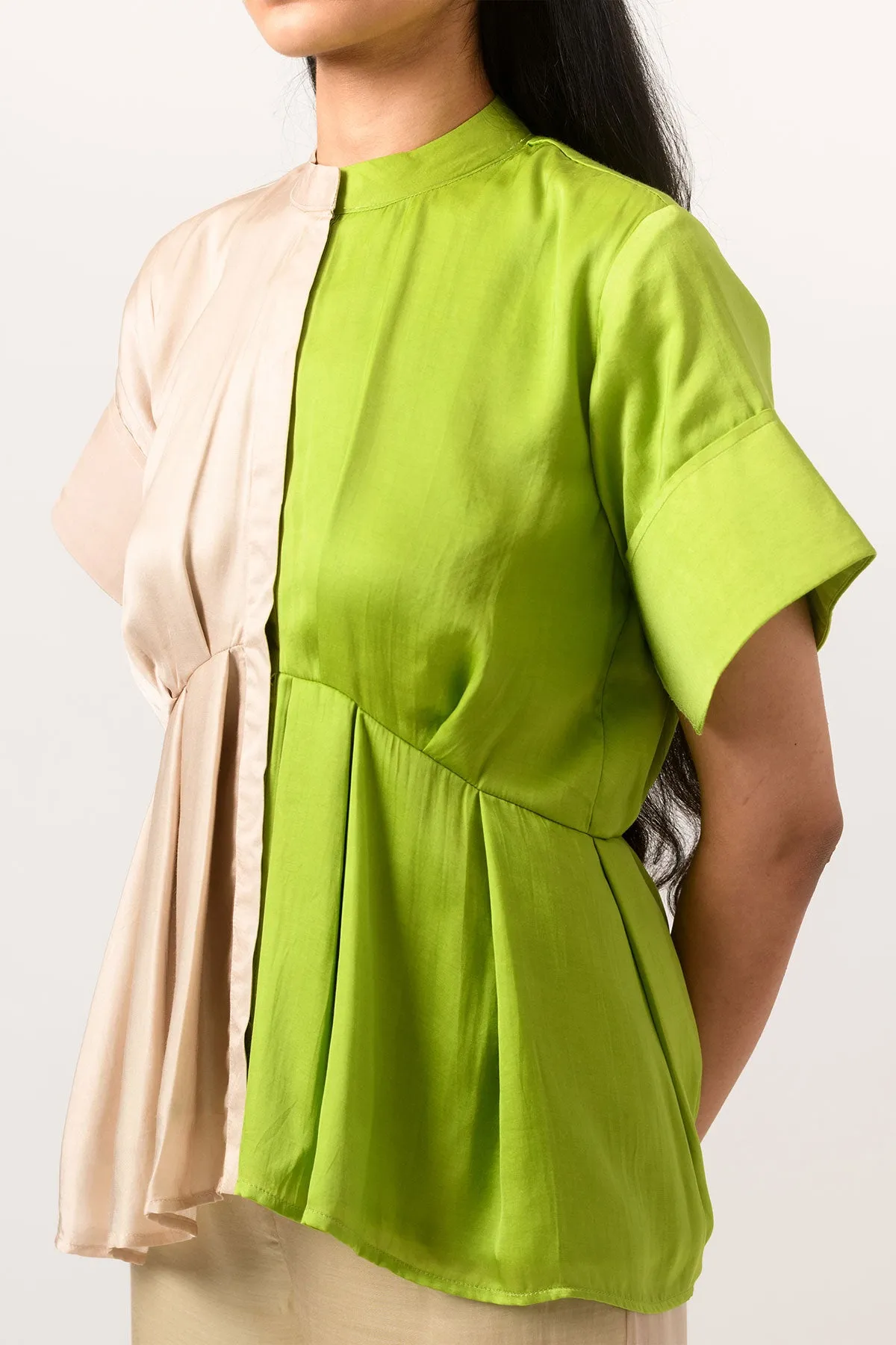 Ecru-Green Half & Half Color Blocked Blouse