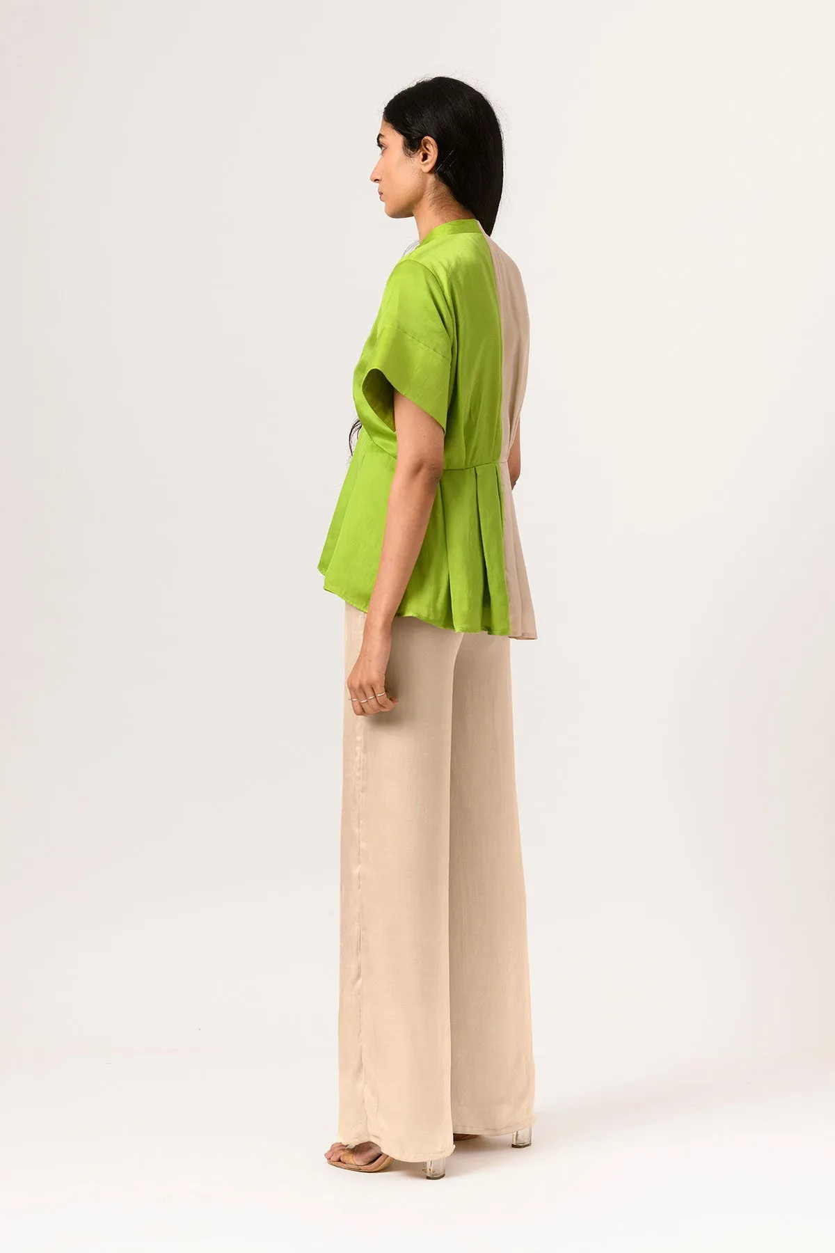 Ecru-Green Half & Half Color Blocked Blouse