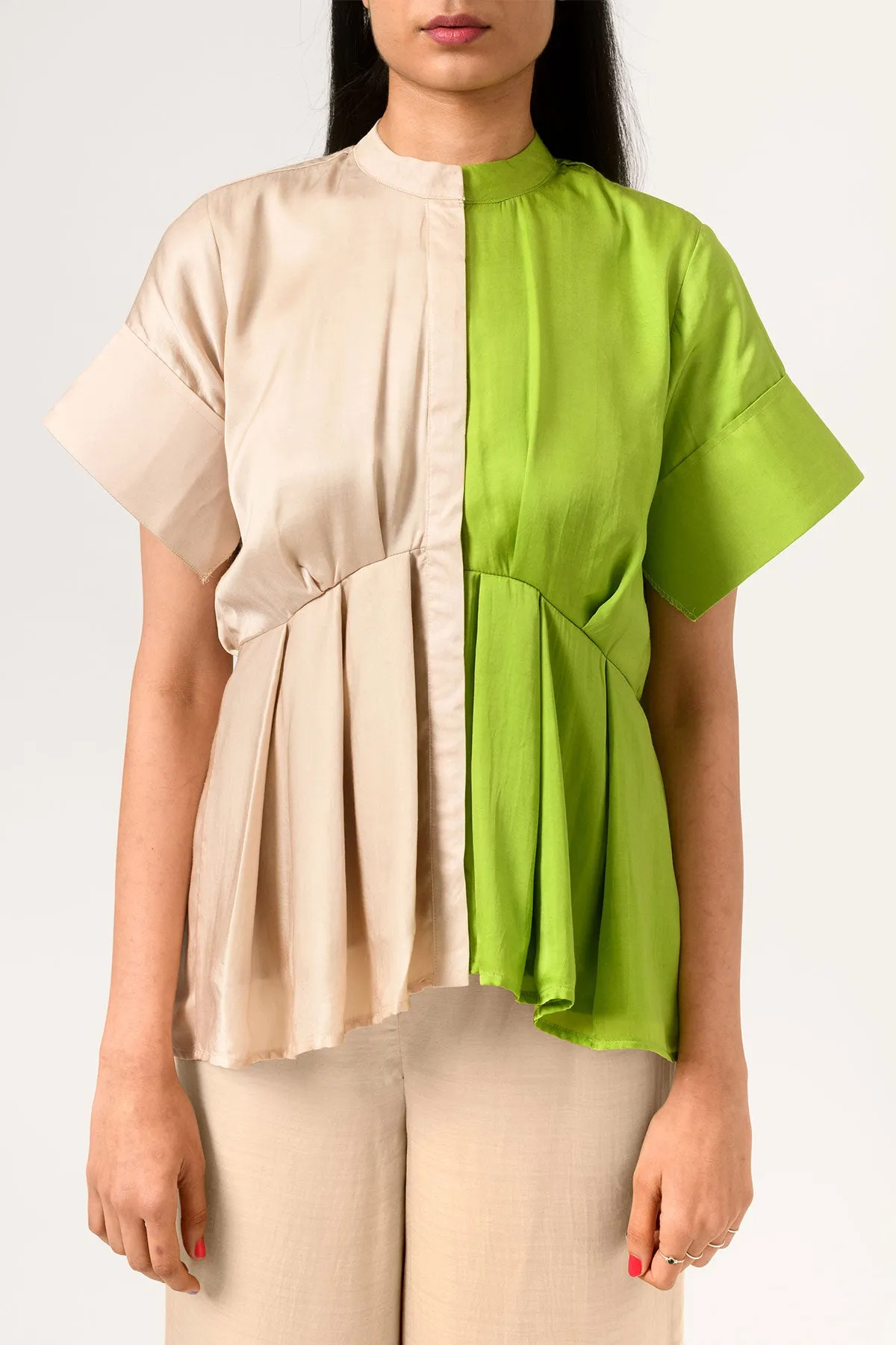 Ecru-Green Half & Half Color Blocked Blouse