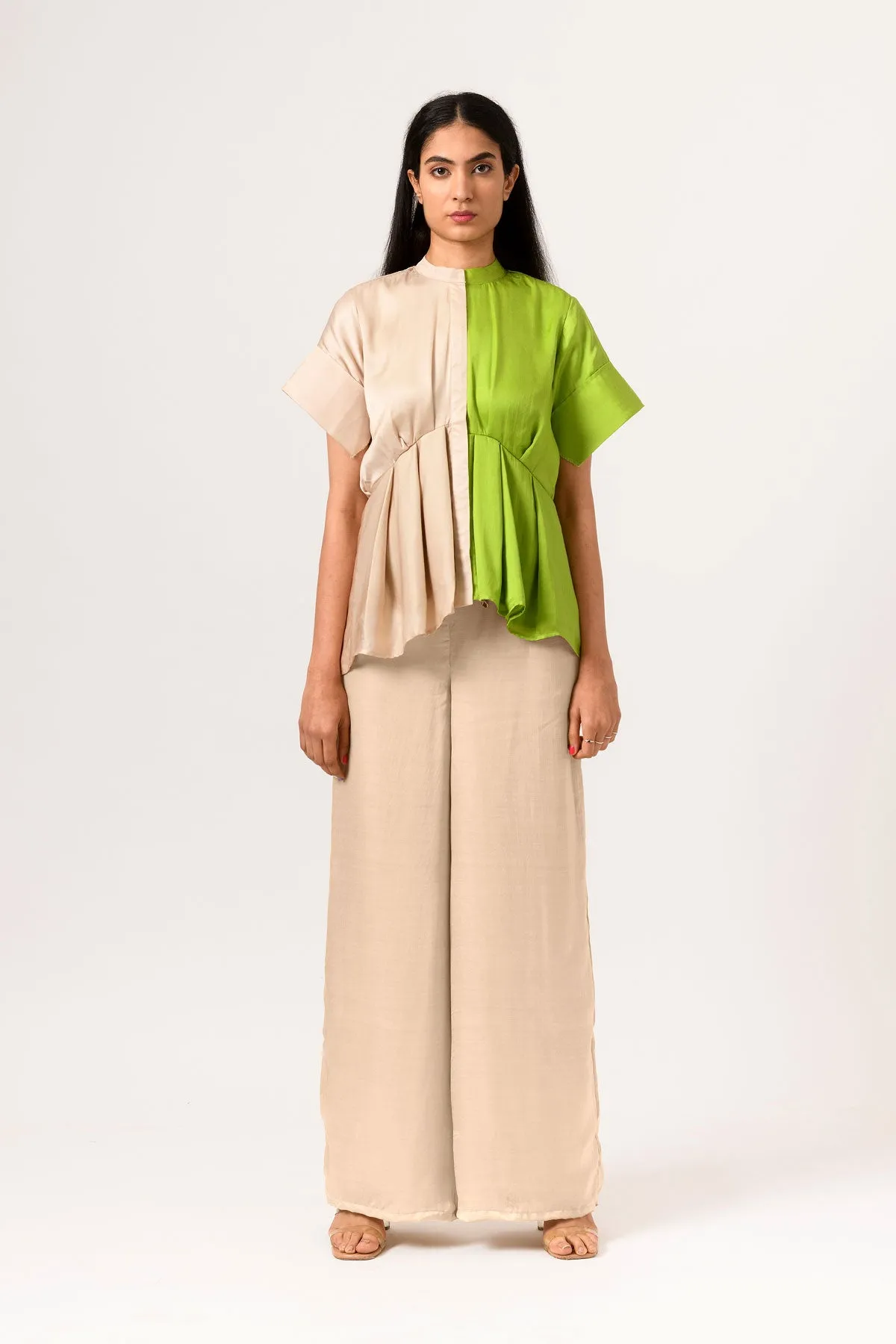 Ecru-Green Half & Half Color Blocked Blouse