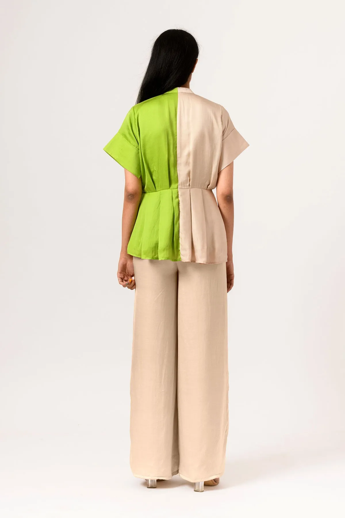 Ecru-Green Half & Half Color Blocked Blouse