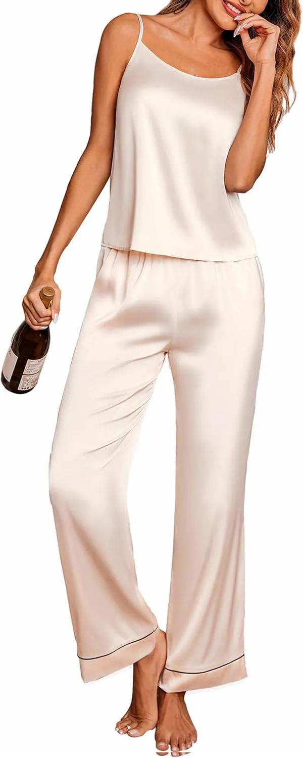 Ekouaer Women Silk Satin Pajamas Sleeveless Pjs Set 2 Piece Summer Loungewear Sleepwear with Pockets S-XXL