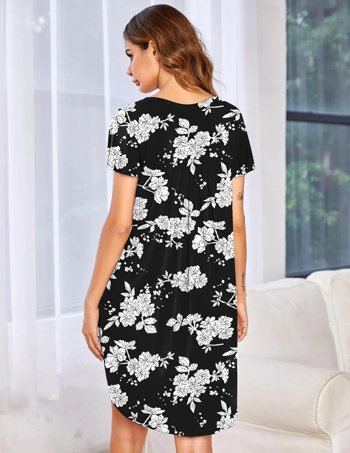 Ekouaer Womens Nightgown Soft Sleepwear Pleated Sleepshirt Sleep Dress Short Sleeve Nightdress S-3XL