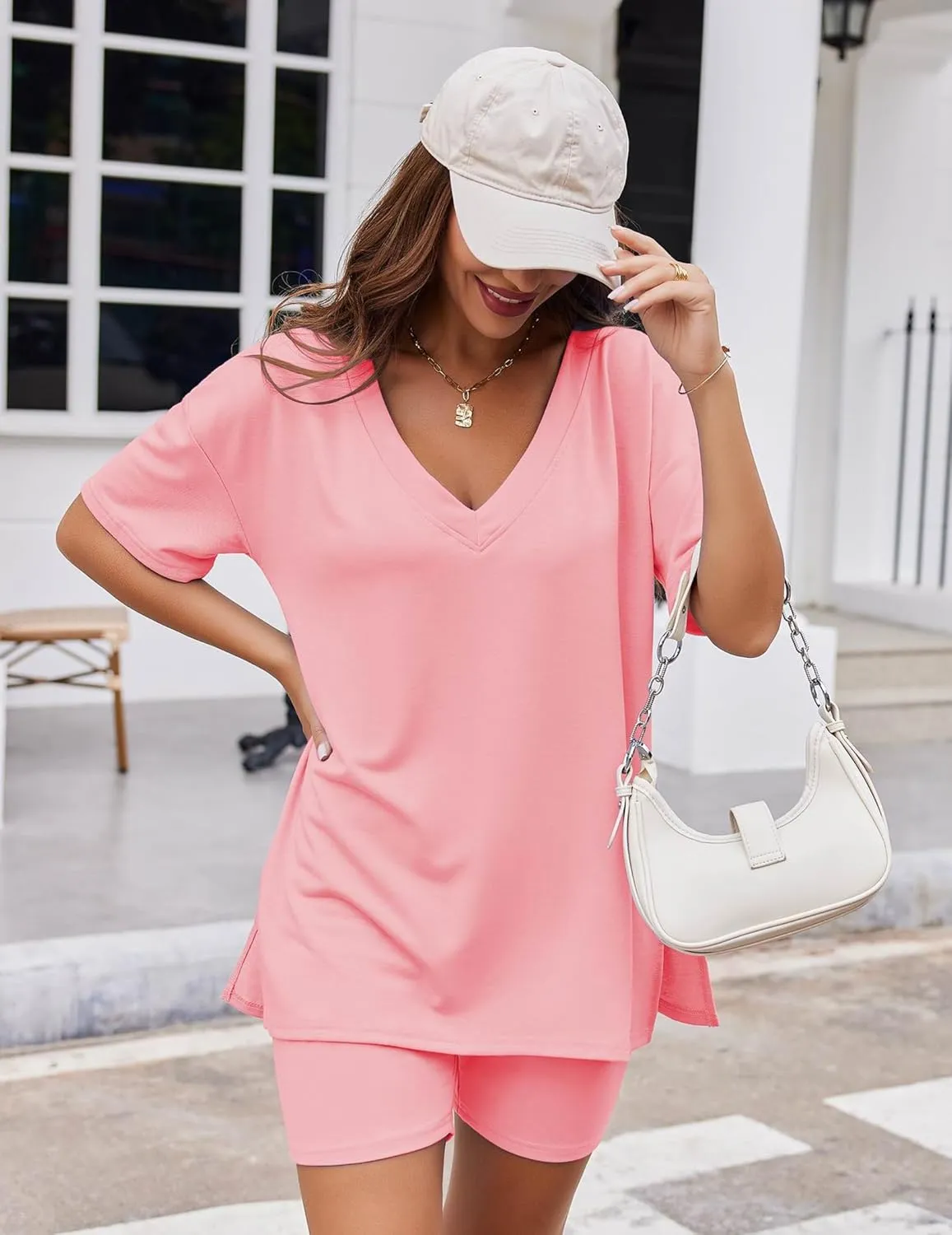 Ekouaer Womens Pajamas 2 Piece Lounge Sets Oversized V Neck T-Shirts Tops Biker Shorts Set Workout Reversible Tracksuit S-XXL