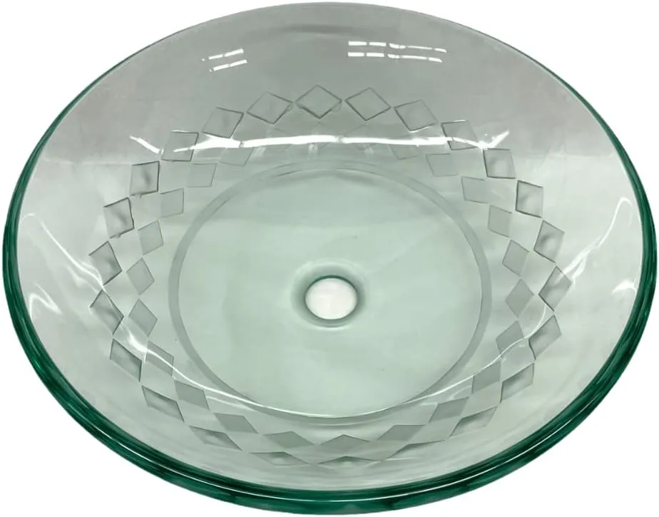 Elegant Handmade Round Circular Pattern Bathroom Sink Tempered Clear Glass Unique Carved Pattern Handmade Vessel Bowl Set with Pop up Drain and metal ring in Chrome Finish