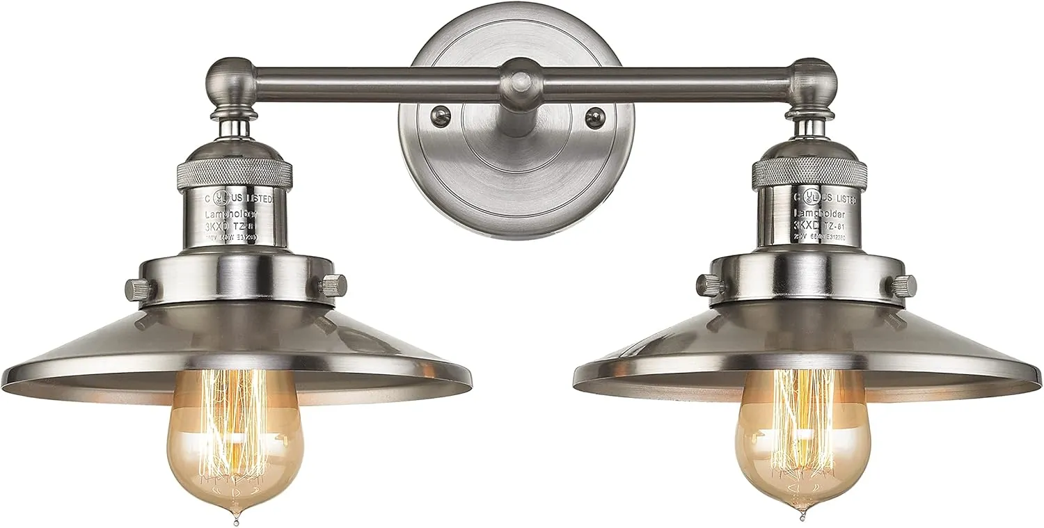 Elk Home English Pub Vanity Light - 2-Light in Satin Nickel Finish, with Satin Nickel Metal Shade, Transitional Style