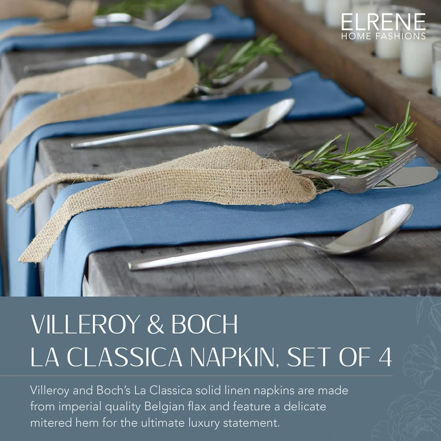 Elrene Home Fashions Villeroy & Boch La Classica Luxury Linen Fabric Napkin (Set of 4), 21"x21", Denim
