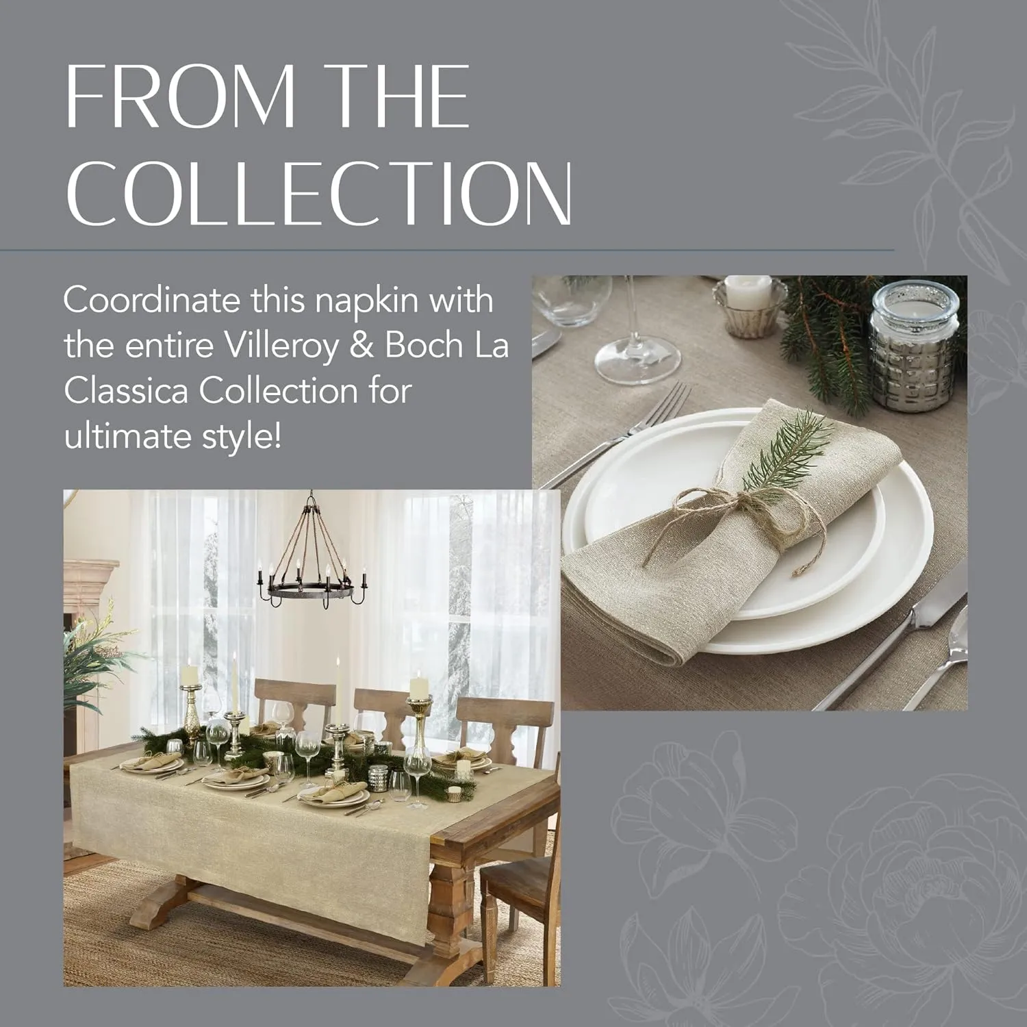 Elrene Home Fashions Villeroy & Boch La Classica Luxury Linen Fabric Napkin (Set of 4), 21"x21", Dove Gray