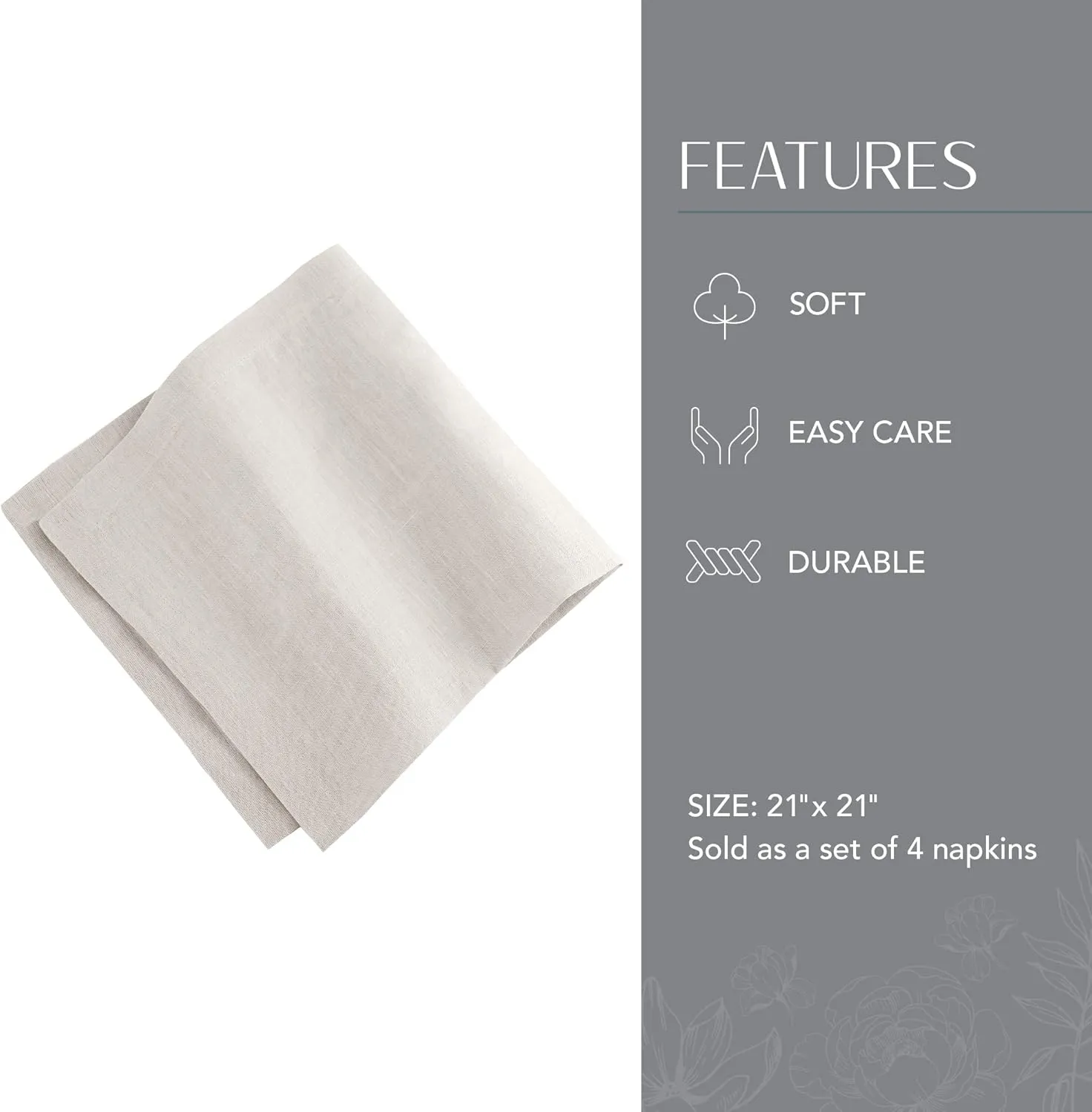 Elrene Home Fashions Villeroy & Boch La Classica Luxury Linen Fabric Napkin (Set of 4), 21"x21", Dove Gray