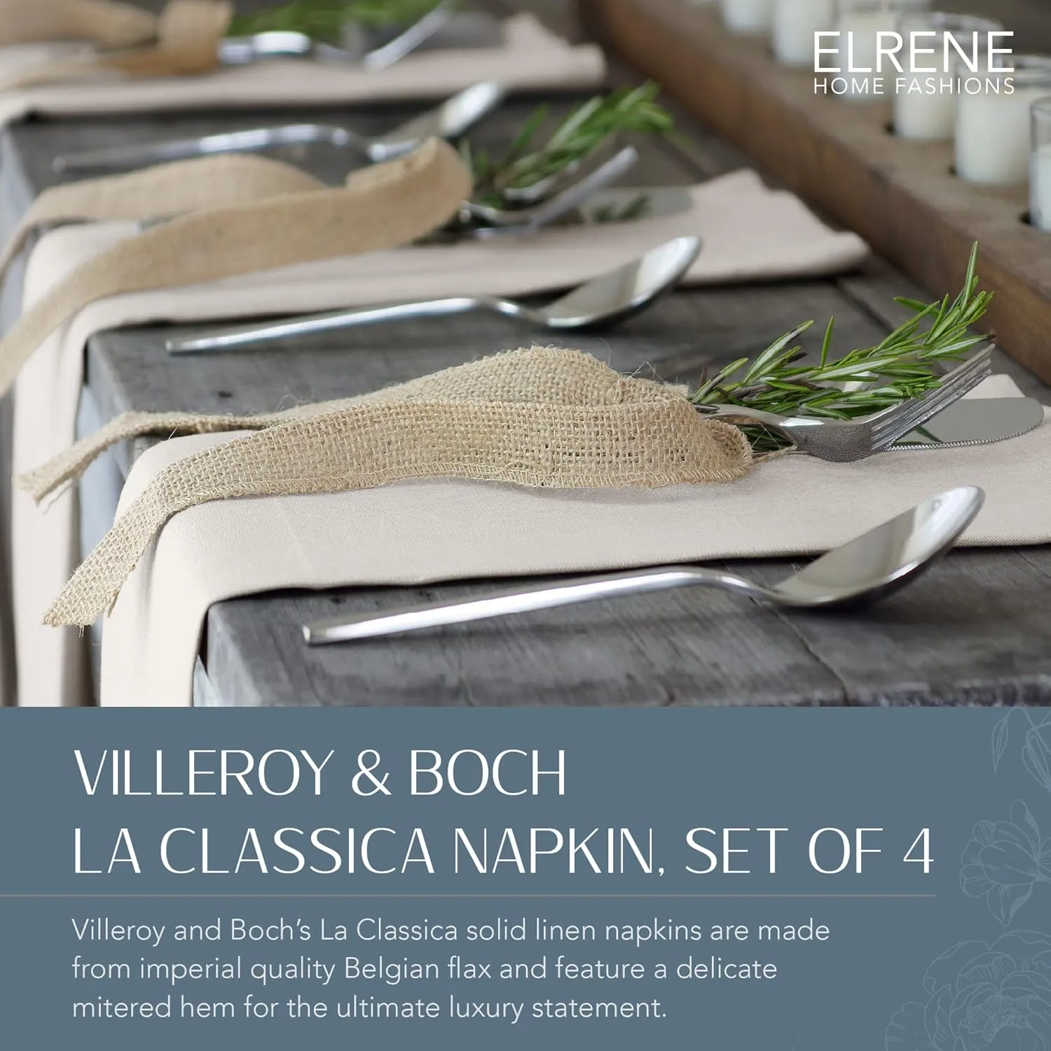 Elrene Home Fashions Villeroy & Boch La Classica Luxury Linen Fabric Napkin (Set of 4), 21"x21", Dove Gray