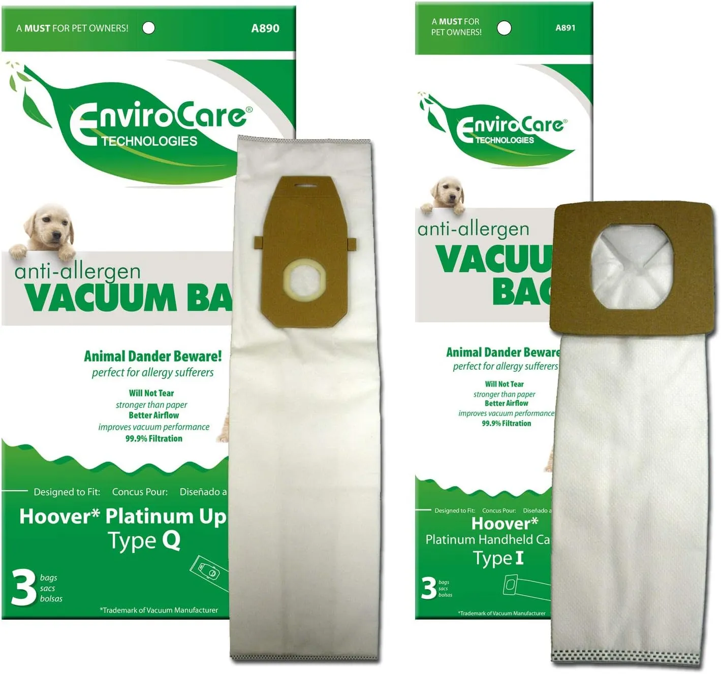 EnviroCare Replacement Allergen Filtration Vacuum Cleaner Dust Bags made to fit Hoover Type Q and Type I Bundle 6 bags total